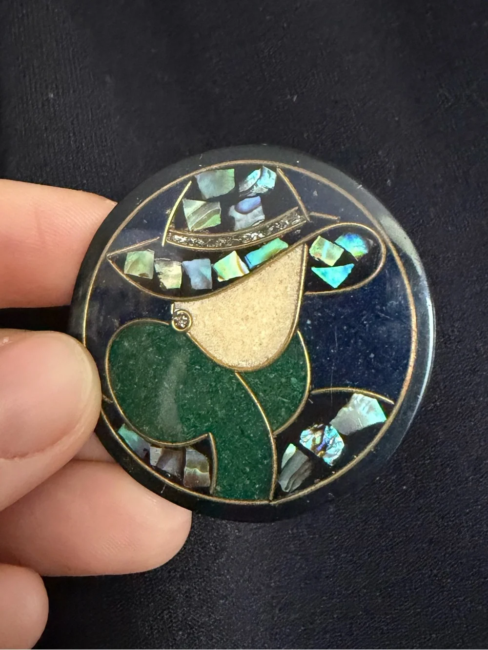 VTG Lee Sands Mosaic Inlay Lady in Hat Brooch Abalone Shell Art Deco Style Pin